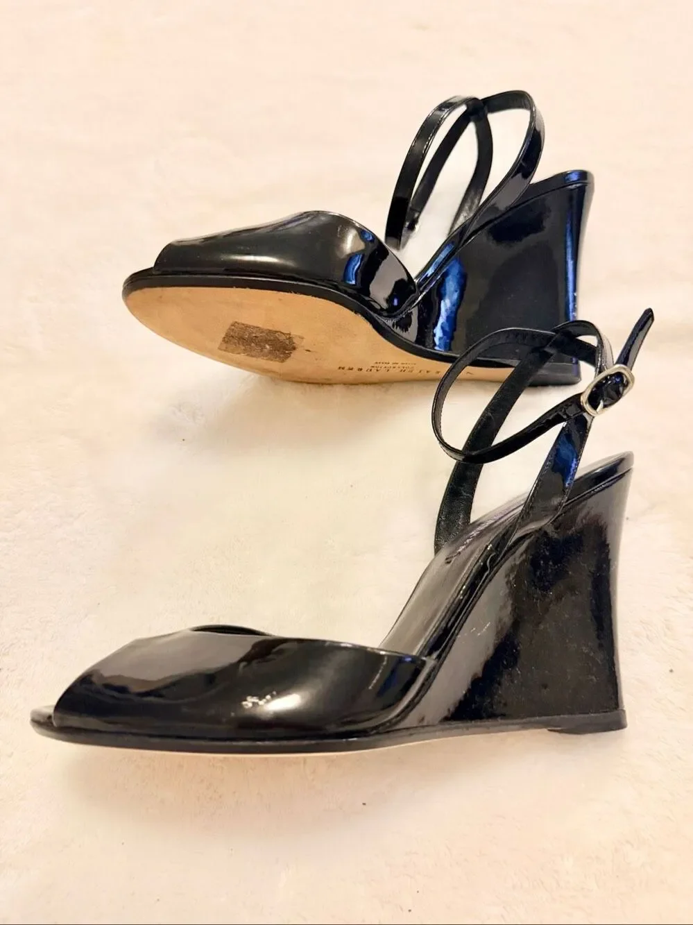 Ralph Lauren Collection Black Patent Leather Wedge Peep Toe Heels Size 7